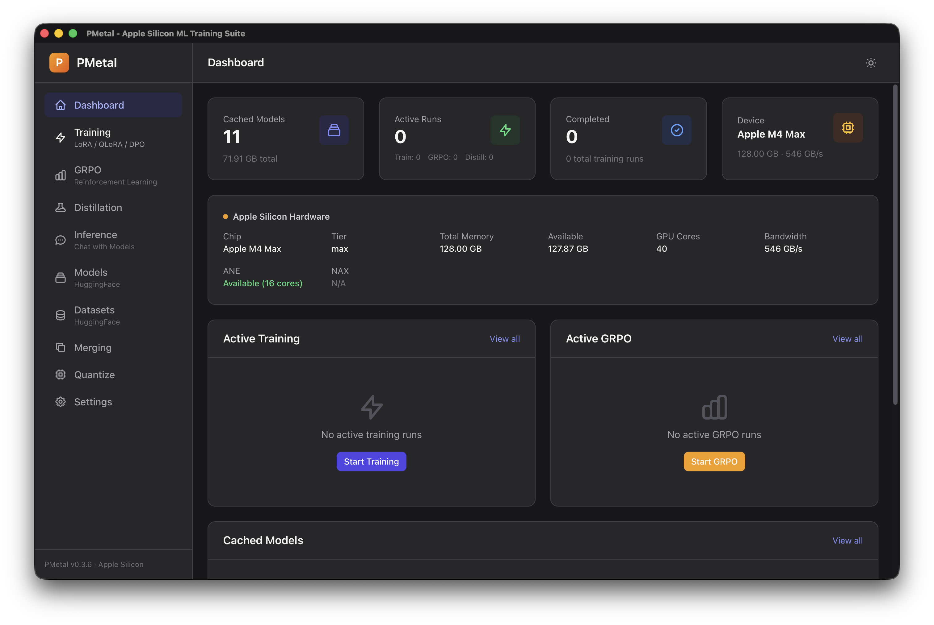 PMetal desktop GUI showing the training dashboard with live loss curves, model configuration, and dataset management